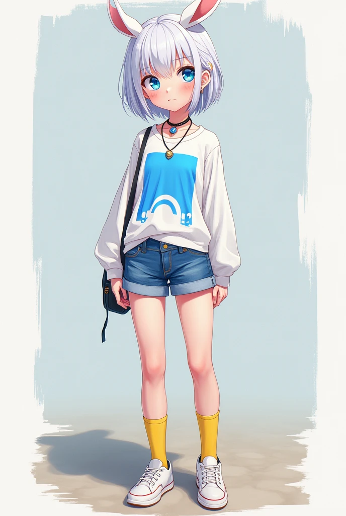 A young woman with short white hair, a white long-sleeved t-shirt with a blue print, denim shorts, white shoes, yellow socks, blue eyes, and an anime necklace