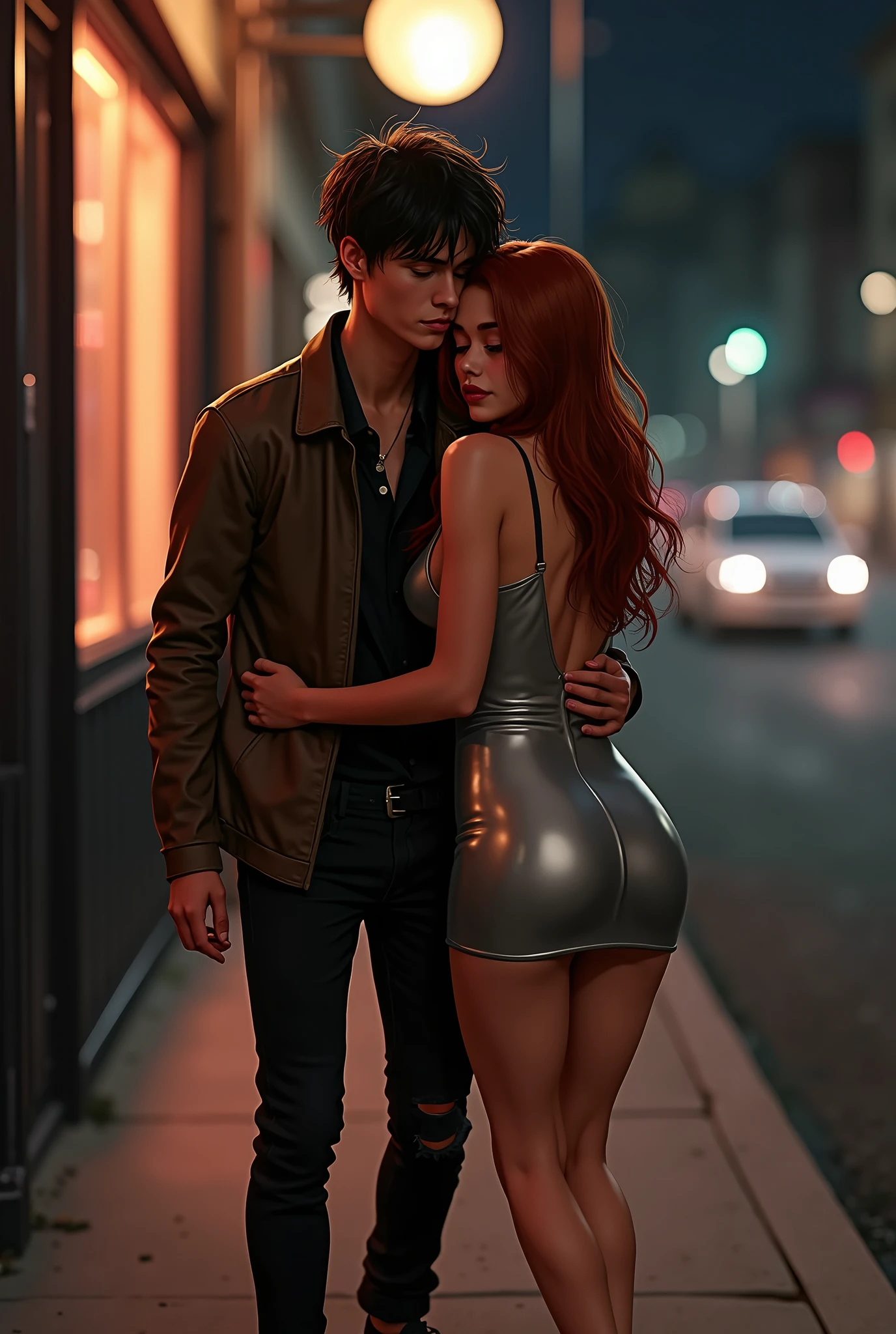 In the dimly lit street just outside a bustling nightclub, Isabelle "Izzy" Monroe, a striking 2 artist, is being carried home by Alex Tanaka, the young 1 intern who cares for her deeply. Izzy, dressed in a now slightly disheveled metallic silver mini dress that clings to her curves, leans heavily against Alex, her auburn hair cascading over her shoulders in loose waves. Her makeup is smudged from the night’s festivities, and her eyes, half-closed, reflect the dazed, tipsy state she’s in. She clutches onto Alex with one arm draped around his neck, her other hand loosely holding her shoes, which she had taken off after stumbling outside.
Alex, dressed in a casual yet sharp outfit, carefully supports her, his face a mix of concern and tenderness. He holds her close, his arm wrapped securely around her waist as he helps her walk. The street is lit by the soft glow of streetlights, casting long shadows that add a sense of quiet intimacy to the moment. The once-vibrant energy of the nightclub is now a distant hum in the background as Alex focuses solely on getting Izzy home safely. The scene is filled with a sense of vulnerability and care, highlighting the softer side of their relationship as Alex takes on the role of protector. Highly detailed, soft lighting, intimate and tender mood, 8K.