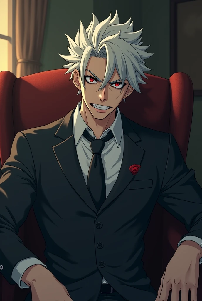 Man with white hair and red eyes, with a slight psychopathic smile, with formal suit, in a room, sitting in a comfortable chair, with a long sofa nearby. cheered up. anime.