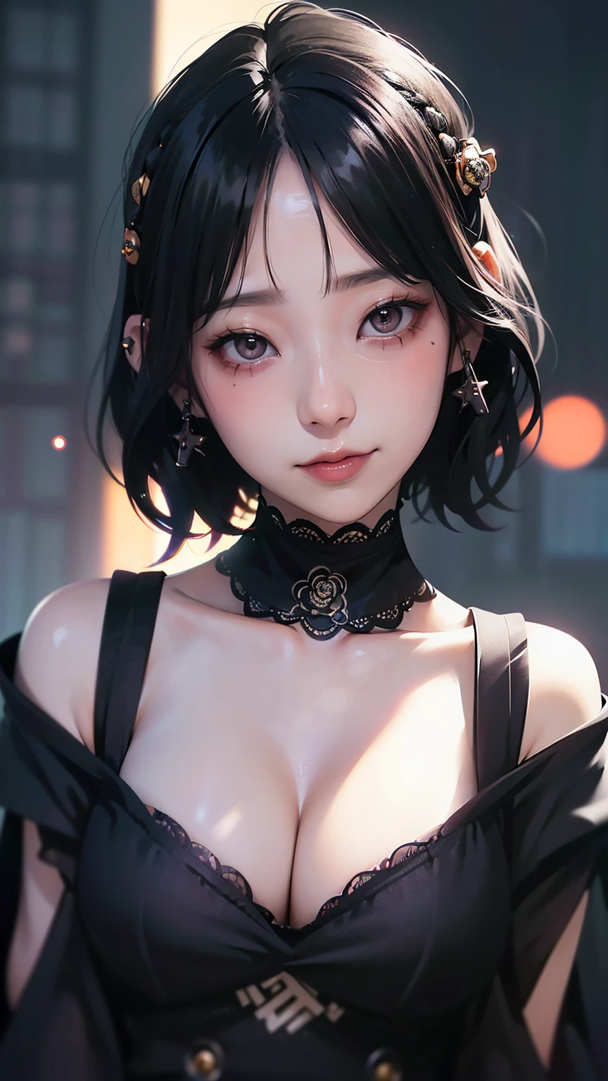 Surreal、A masterpiece of delicate and detailed line drawing、Highest quality、Highest quality、(One Woman、、(Big Breasts:1.1)、(Black Hair、Hime cut, short hair:1.2)、(Natural Makeup、Eyelash extensions、Draw eyelashes sharply、Eyebrows are thin and short、Deep orange blush:1.1)、(Gazing at the audience, Spaced out、Looks sleepy、Mouth open、Slightly red cheeks:1.3)、(Simple black hair accessories、Gothic dress with exposed chest:1.3))、Dark Rose Gardens、Purple Rose、(Blur the background:1.3)、(Top view of the subject:1.1)、Photo from thigh up