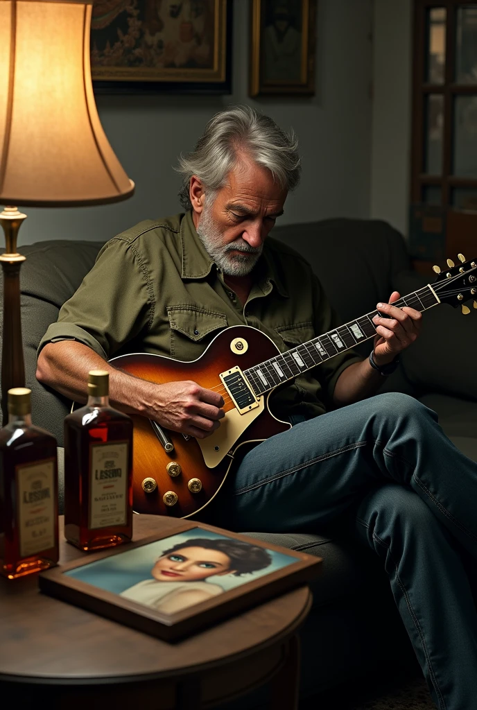 A 40 year old man sitting on the couch playing the blues with a Gibson Les Paul electric guitar and next to him are bottles of whiskey, on the table there is a picture of a beautiful woman with green eyes and on the table there is also a blues vinyl record