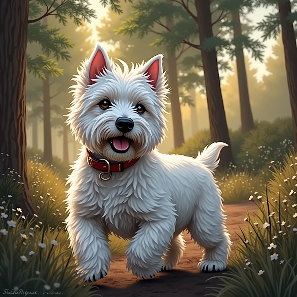 West Highland White Terrier、Active and intelligent、An illustration、Still 、1 head、running、
