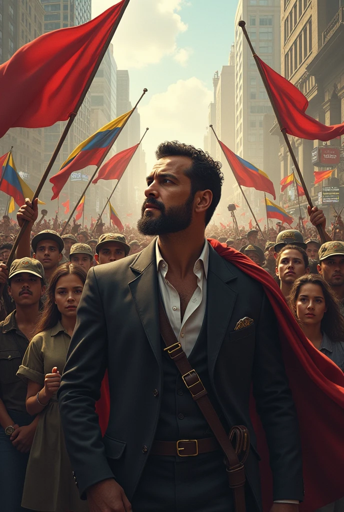 Show a powerful image of the nationwide rebellion led by Sucre, with civilians and soldiers united against the Spanish forces. The scene should blend real-world protests with digital coordination, highlighting how Bolívar’s legacy inspired the final victory.
