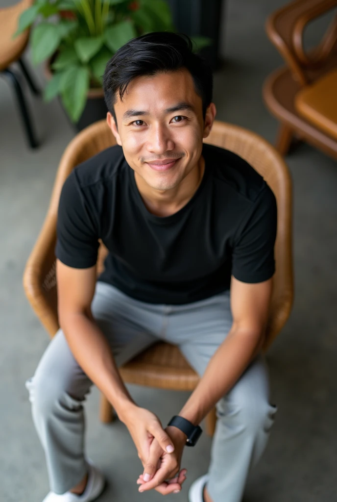 Short Hair, High Resolution, Black Hair, Closed Mouth, Masterpiece, Accurate, Best Quality, Detail, High Quality, Realistic Photo, High Angle. The image is a portrait of a young Indonesian man sitting on a wicker chair. He is wearing a black t-shirt, light grey trousers, and white sneakers. He has short dark hair and is looking directly at the camera with a slight smile on his face. The background is blurred, but it appears to be an outdoor setting with plants and other furniture visible. The overall mood of the image is casual and relaxed.