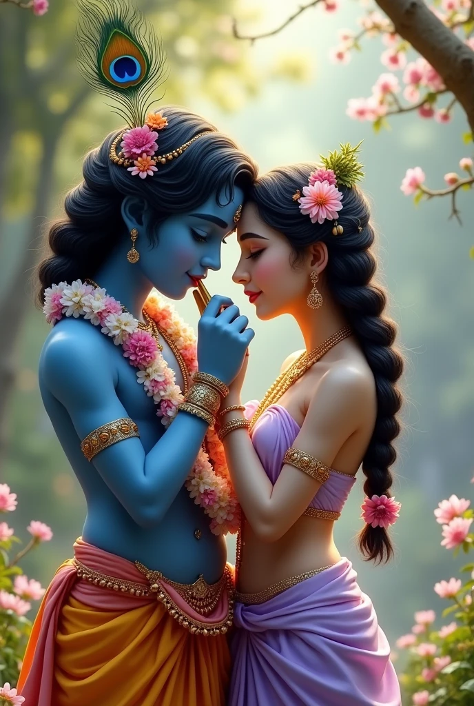 In a serene setting, adult Lord Krishna and Radha stand together, exuding grace and divinity. Krishna, with his dark blue complexion, is adorned with a peacock feather in his hair and is playing a melodious tune on his flute. His presence is accentuated by a light pink and white flower garland draped around his neck. Beside him, Radha's fair skin and radiant beauty shine through. Her hair is intricately braided and adorned with delicate flowers, complementing her light lavender ghagra choli. They stand amidst a lush backdrop where flowers bloom, reflecting the tranquility and harmony of their divine companionship.