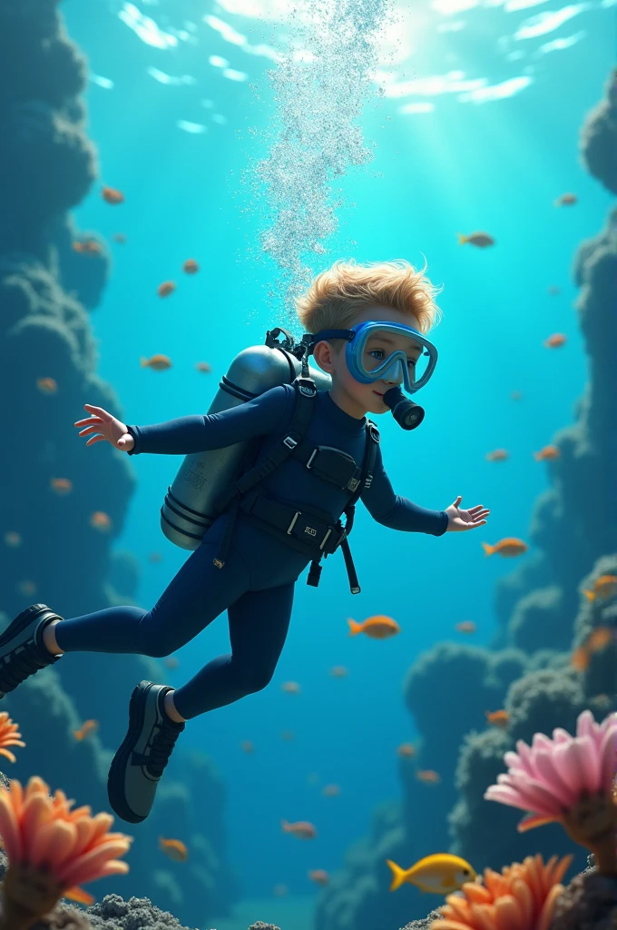 A boy is diving under water and he is wearing a diving suit. A very beautiful scene is visible in the picture. There are beautiful fish around him and there is a sea of ​​fish. He has an oxygen tank on his back and a mask on his face through which he is breathing.