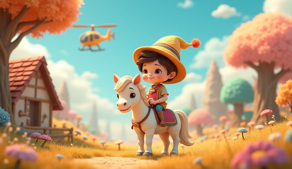 1 cute cartoon child sitting on a horse, detailed hat, detailed ground, detailed house, detailed helicopter in the sky, (best quality,4k,8k,highres,masterpiece:1.2),ultra-detailed,(realistic,photorealistic,photo-realistic:1.37),children,cartoon,child,horse,hat,house,helicopter,sky,detailed,cute,colorful,vibrant,soft lighting,warm tones,whimsical,fantasy