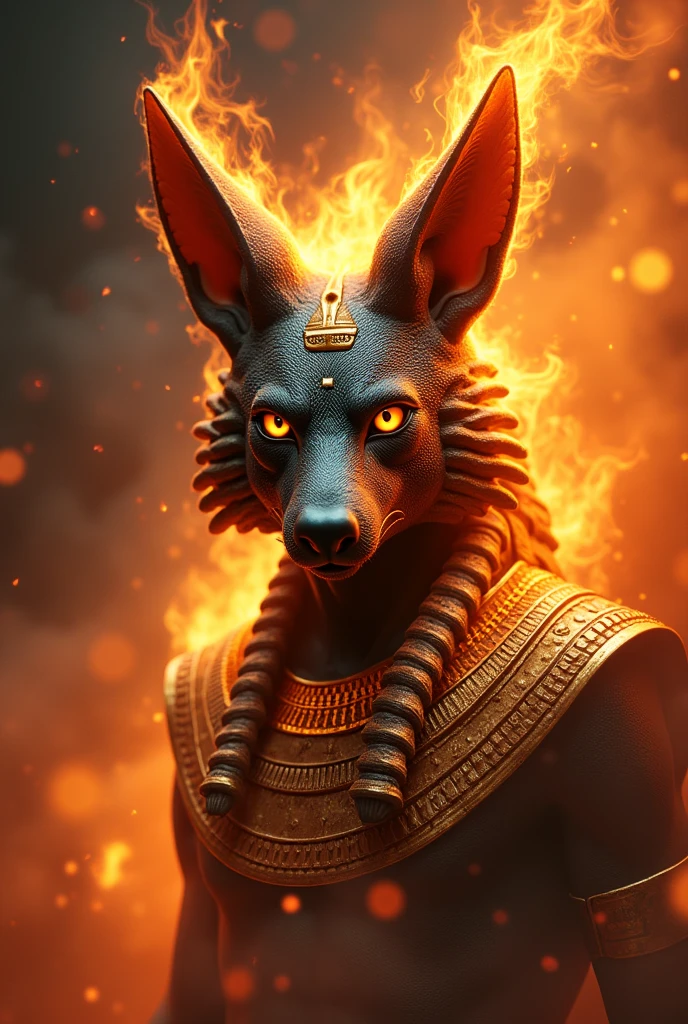 ((best qualityer)), ((work of art)), (detailded), epic image 1 anubis on fire , estilo dragao. The angel must have an image of the bust,  because it will be used for the brand logo, Anubia&#39;s vision has to be frontal 