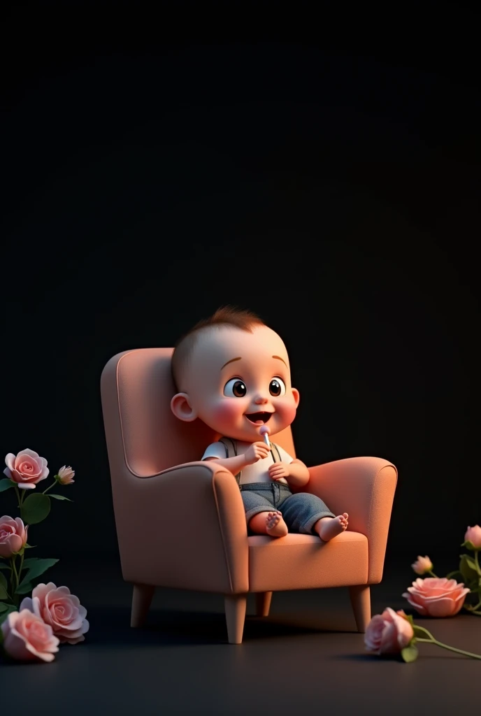 1 year baby shofa in the chair watching the movie in glass smiling face backgroung is black eating lolipop left side flower parts
