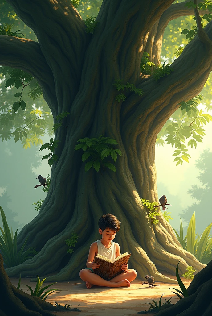 A young boy sits cross-legged under a large, old banyan tree, focusing intently on a torn and faded book. The tree's massive roots spread out around him, and the sunlight filters through the dense canopy of leaves, casting dappled shadows on the ground. The boy is surrounded by the peaceful, quiet atmosphere of early morning, with a few birds perched on the branches above.