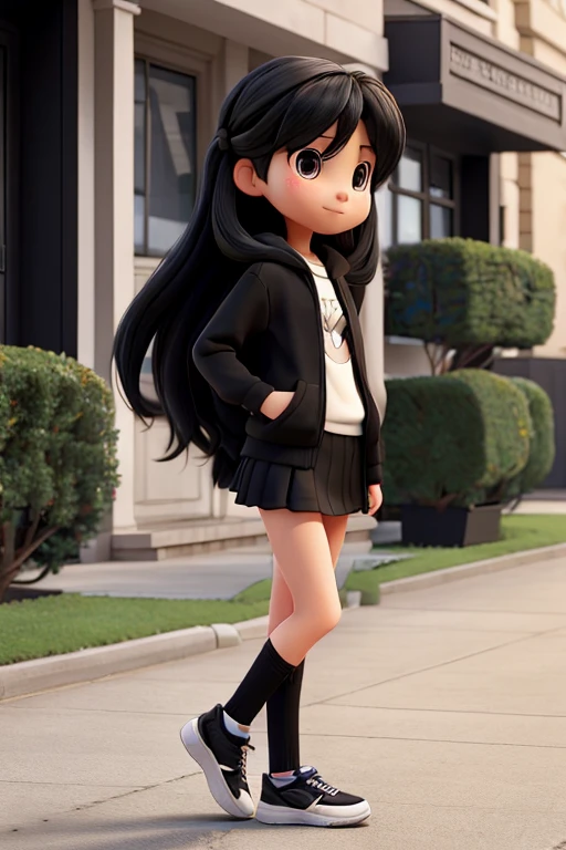 Girl with long black hair with a black miniskirt Black sweatshirt and big socks tennis shoes 