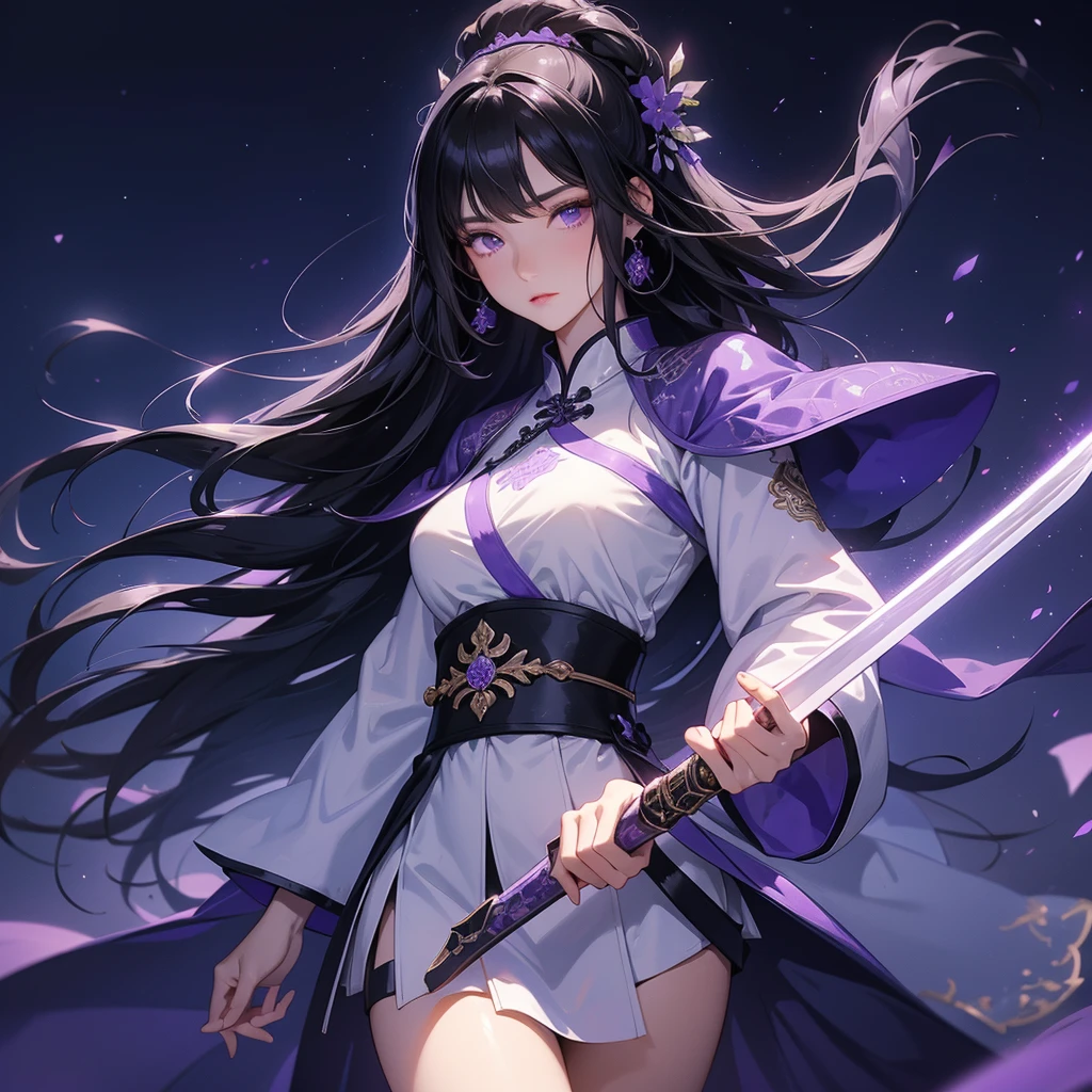 A beautiful black-haired female holding a large sword in white-violet ancient Chinese costume,  background is a dark moonless night, with dry trees in the background, and purple glowing light, close up.