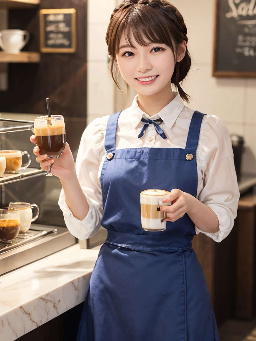 1 girl、(RAW Photos、Highest quality)、(Real、フォトReal:1.4)、Tabletop、Very delicate and beautiful、Very detailed、2k wallpaper、wonderful、Detailed、Very detailedCG Unity 8k壁紙、Super detailed、2、High resolution、Blue waitress outfit、Long skirt、Frills、ribbon、Soft Light、Beautiful detailed girl、Cafeのウエイトレス、Short Medium Hair、Braided Hair、Very detailed目と顔、smile、Happy Face、Cafe、coffee shop、Latte Art