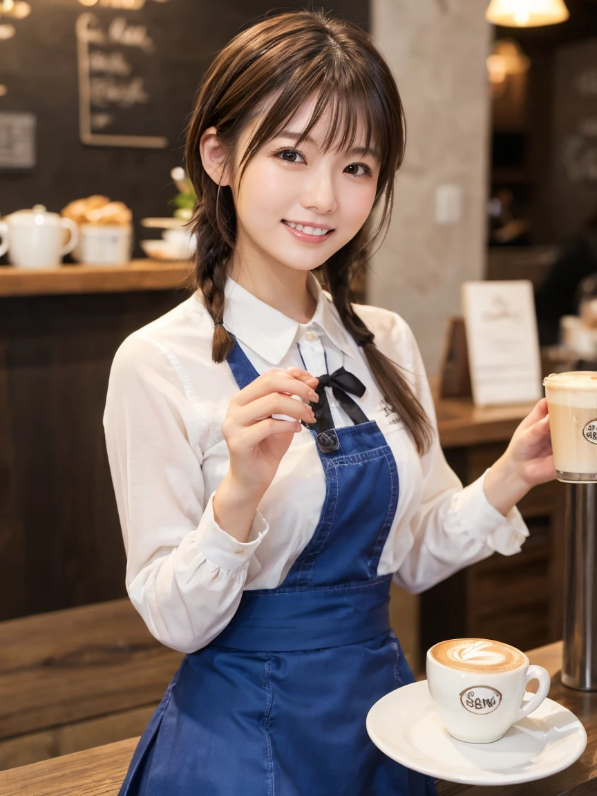 1 girl、(RAW Photos、Highest quality)、(Real、フォトReal:1.4)、Tabletop、Very delicate and beautiful、Very detailed、2k wallpaper、wonderful、Detailed、Very detailedCG Unity 8k壁紙、Super detailed、2、High resolution、Blue waitress outfit、Long skirt、Frills、ribbon、Soft Light、Beautiful detailed girl、Cafeのウエイトレス、Short Medium Hair、Braided Hair、Very detailed目と顔、smile、Happy Face、Cafe、coffee shop、Latte Art