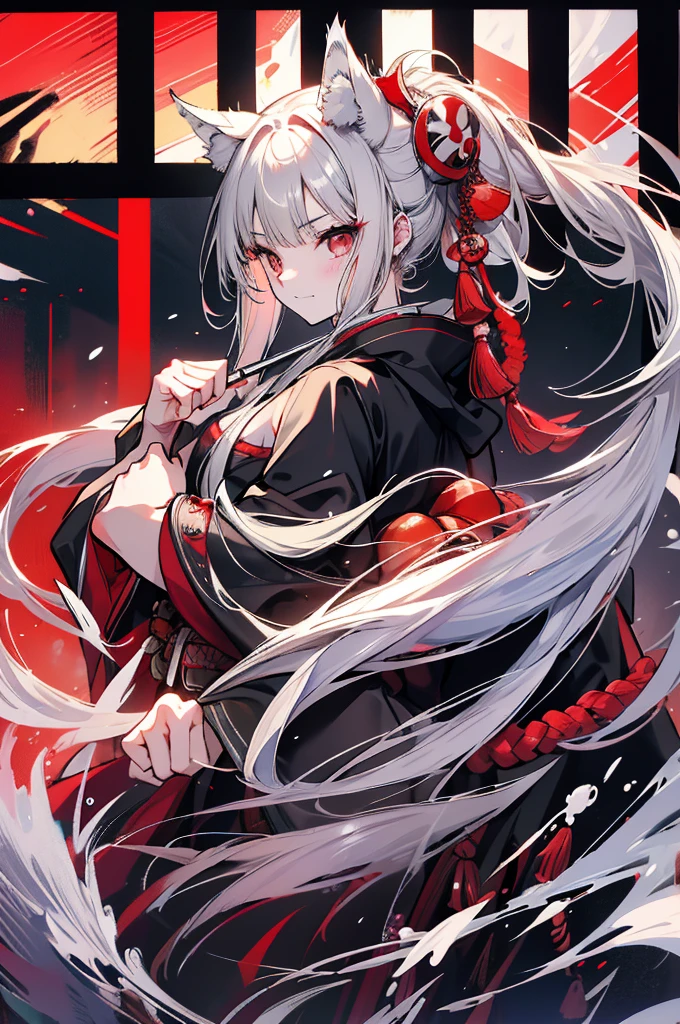 high quality, Wolf Ears,Black kimono,Gray Hair,Long Hair, Seductive red eyes,nice,Japanese style,Fight,martial arts,fist,fistのFight,movie,Fightfield,karate,截fist道,fistを構える,Finding