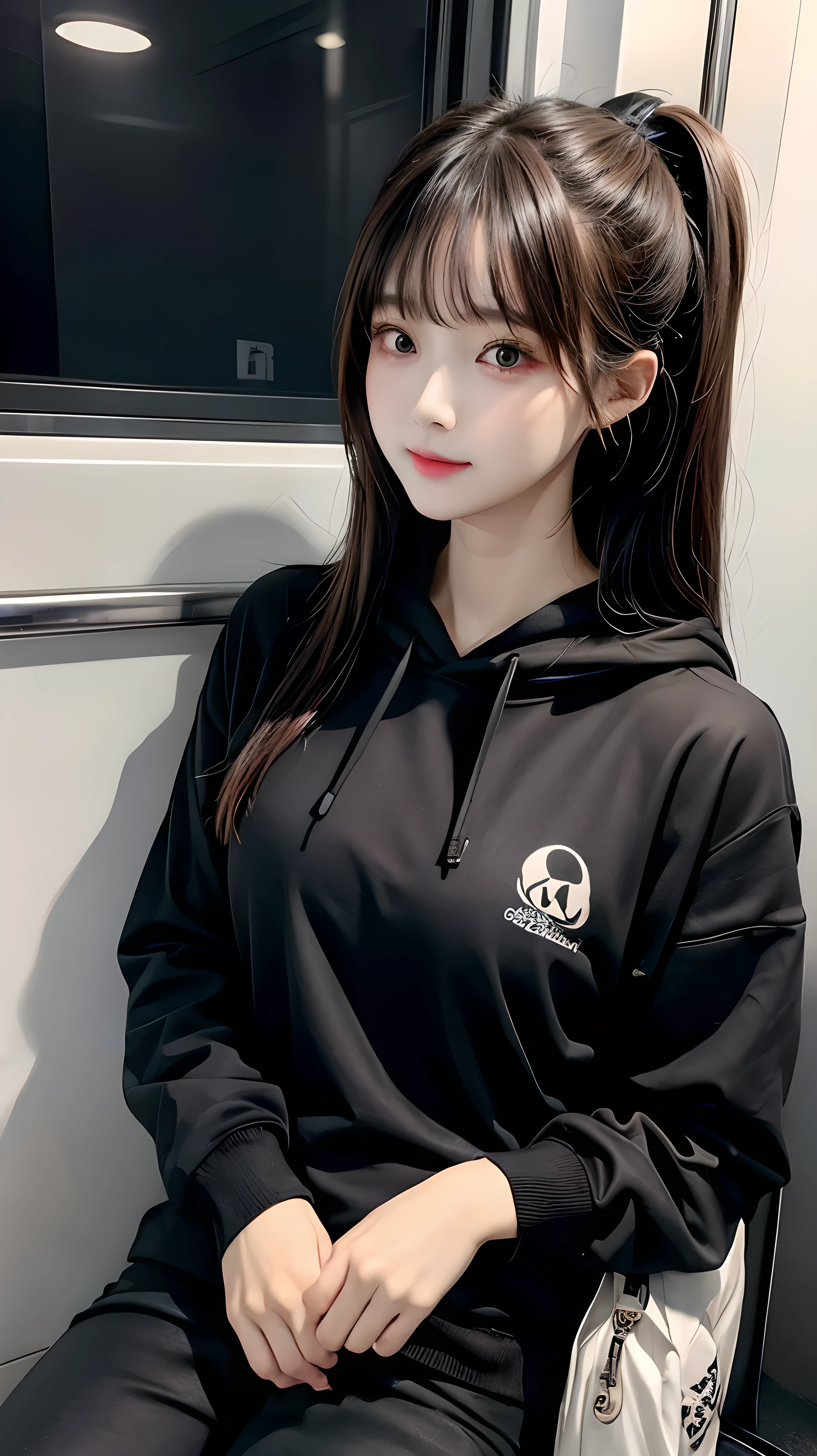 beautiful Korean girl , realistic , black pants and black hoodie inside the train with outside raining in window