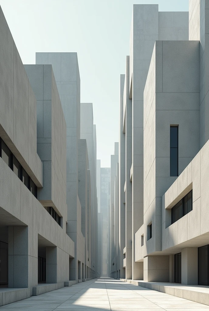 Design a beautiful city where every building, road, and structure is made with concrete, resilient environment, front view, a bit close up of buildings