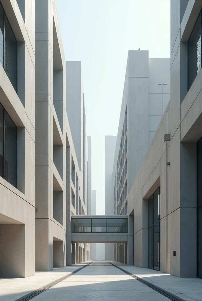 Design a beautiful city where every building, road, and structure is made with concrete, resilient environment, front view, a bit close up of buildings