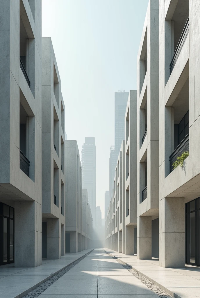 Design a beautiful city where every building, road, and structure is made with concrete, resilient environment, front view, a bit close up of buildings
