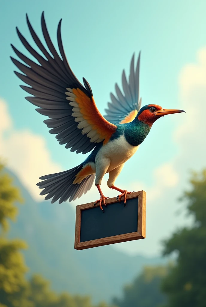 Gambar burung terbang membawa papan tulis di paruhnya