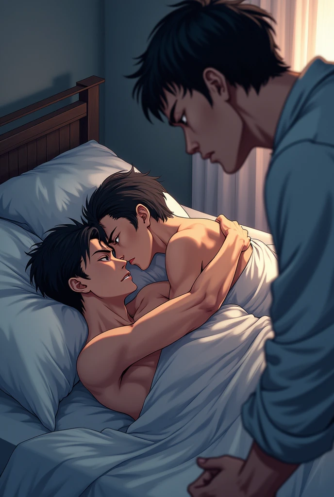 An angry man watching from afar two other different men lying in bed hugging each other in an anime drawing hd