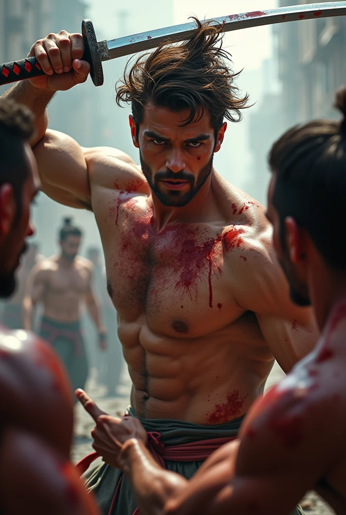 A brunette man with messy quiff hairstyle with katana sword blood on his body and face, fight with two enemy