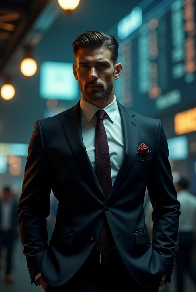 masculine guy)), (( rich), (( stock market high)), ((dark lighting)), (in a suit)),