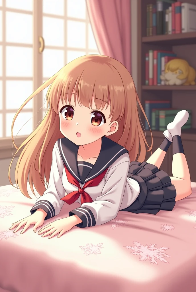anime girl in school uniform lying on her stomach on the bed