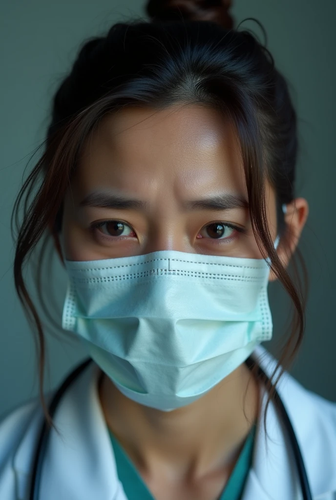 Women doctor wearing face mask is crying, tears are coming from her eyes