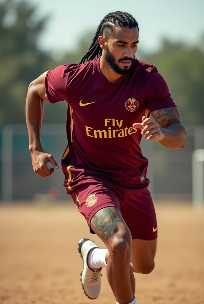 Full body view Young Muslim man handsome sexy muscular white lips thick athletic body masculine energy and sexy defined chin trimmed beard braid with gradient on the sides colorful tattoo wearing a burgundy PSG training uniform with gold letters and symbols, burgundy shorts and white heels, in the training camp doing a chase
