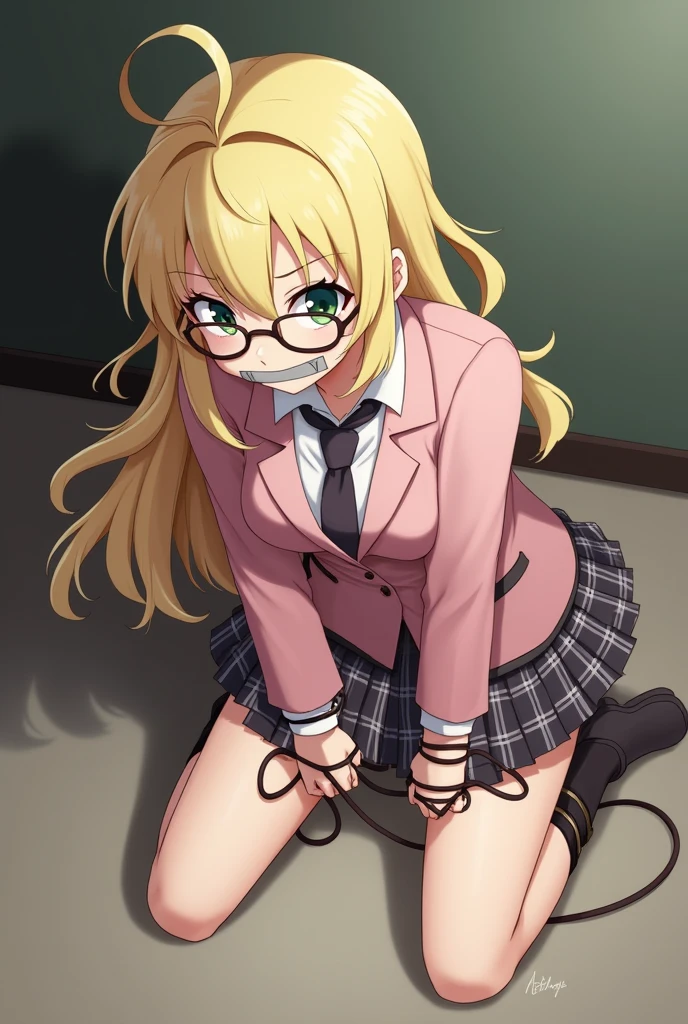 rebeccahawkins, green eyes, blonde hair, long hair, ahoge, bangs, glasses, school uniform, necktie, pink jacket, plaid skirt, skirt, short skirt, zettai ryouiki, embarrassed, tape, tape gag, gagged, tied, tied up, , tied wrists, hands behind back, tied ankles, tied arms to the body, tied legs, tied ankles, sit on the floor