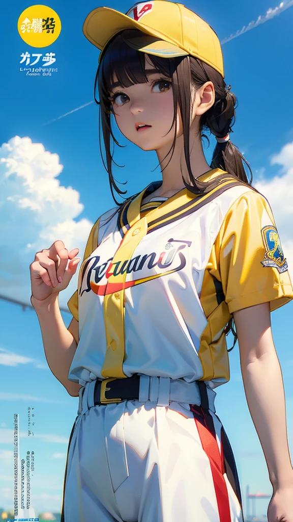 ((best quality)), ((masterpiece)), (detailed), Black Hair、refreshing、Gravure-like background、Half Twin Tail、boyish、clear、Fukuoka SoftBank Hawks baseball uniform、Revolution Yellow Baseball Shirt、Revolution Yellow Baseball Cap、Shirt belt light thick white、、Summer blue sky、Summer Clouds、whole body、Stadium、Vision、