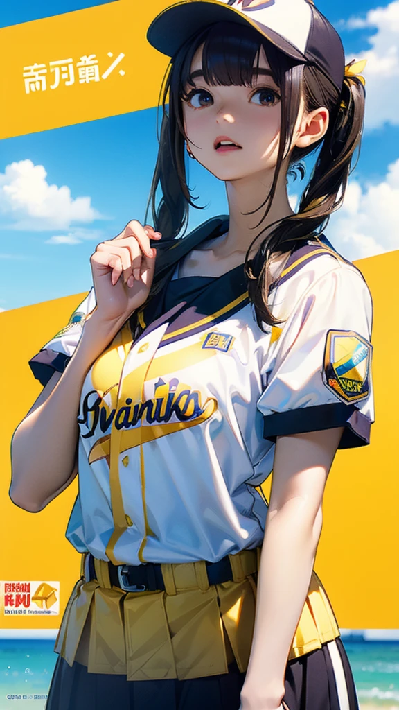 ((best quality)), ((masterpiece)), (detailed), Black Hair、refreshing、Gravure-like background、Half Twin Tail、boyish、clear、Fukuoka SoftBank Hawks baseball uniform、Revolution Yellow Baseball Shirt、Revolution Yellow Baseball Cap、Shirt belt light thick white、、Summer blue sky、Summer Clouds、whole body、Stadium、Vision、