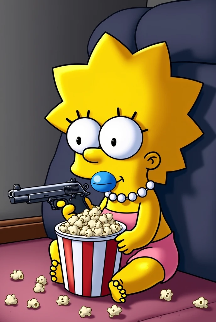 Maggie Simpson with gun for eat popcorns 