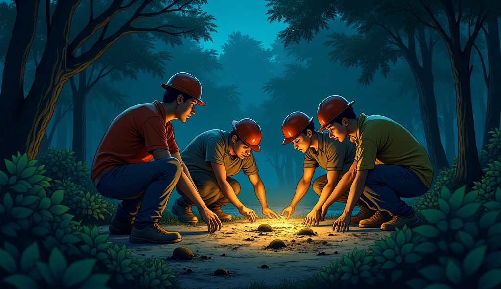 A group of asian workers from the construction site started catching moles from the green area of the university at night. The place was a forest and there were other moles being caught by many construction workers.