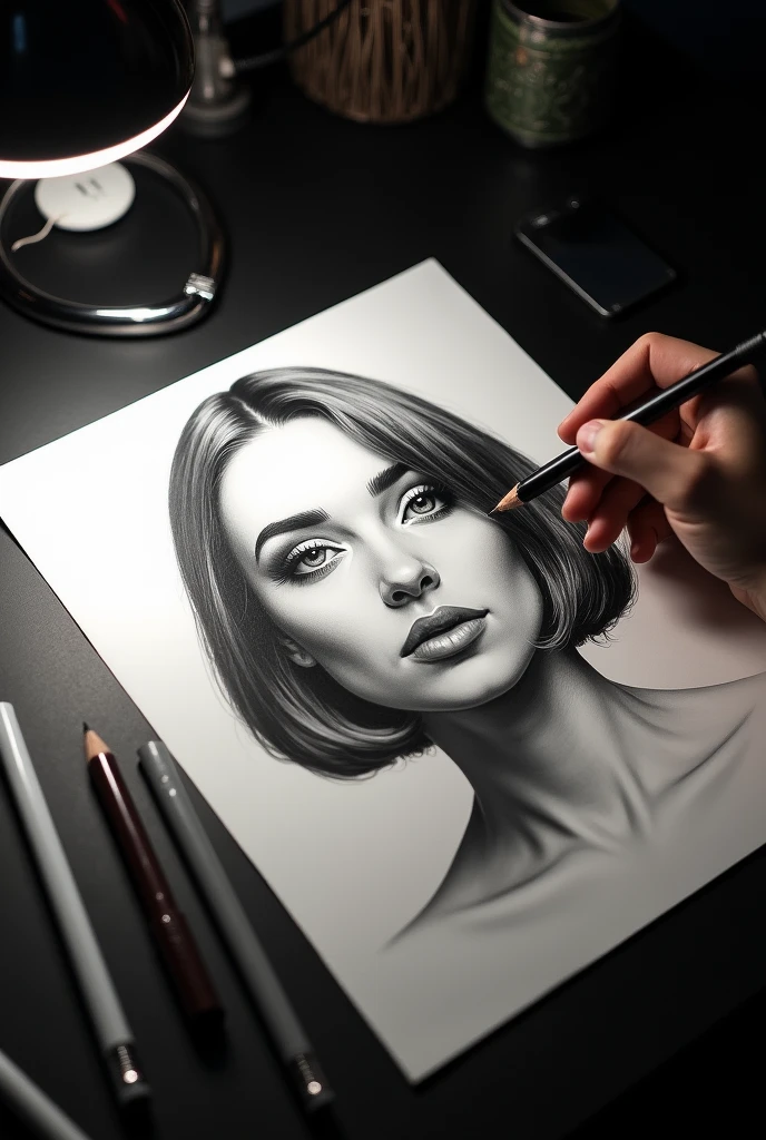 See hand black IS drawing on a paper a portait of woman face with short hyper Realistic not finish ,in black and with on a paper white A3; the drawing IS on a desktop black with light of desktop.