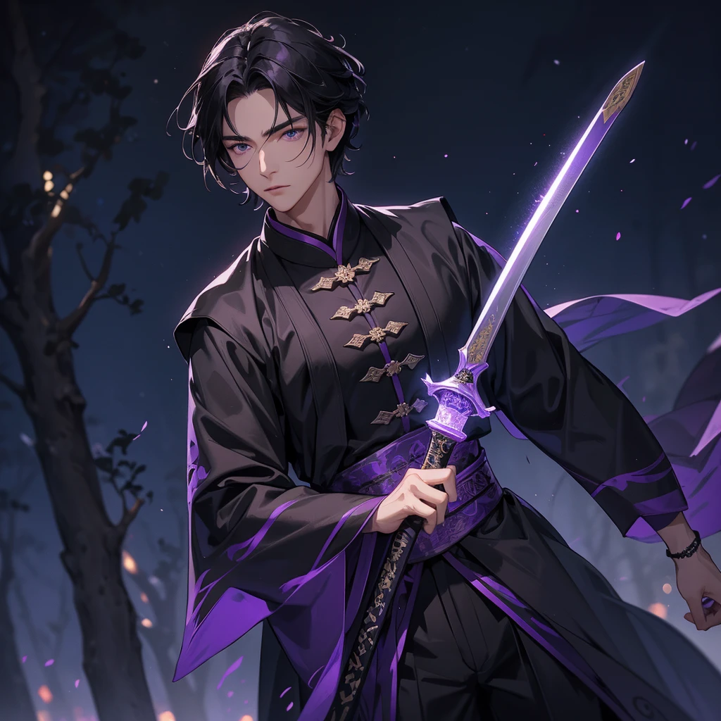 a Handsome black-haired male holding a large sword in black-violet ancient Chinese costume, background is a dark moonless night, with dry trees in the background, and purple glowing light, close up.