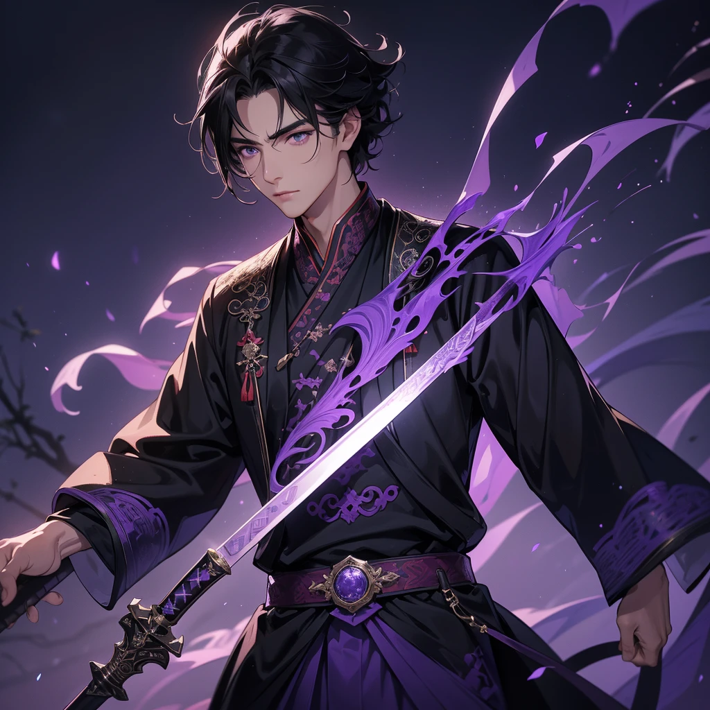 a Handsome black-haired male holding a large sword in black-violet ancient Chinese costume, background is a dark moonless night, with dry trees in the background, and purple glowing light, close up.