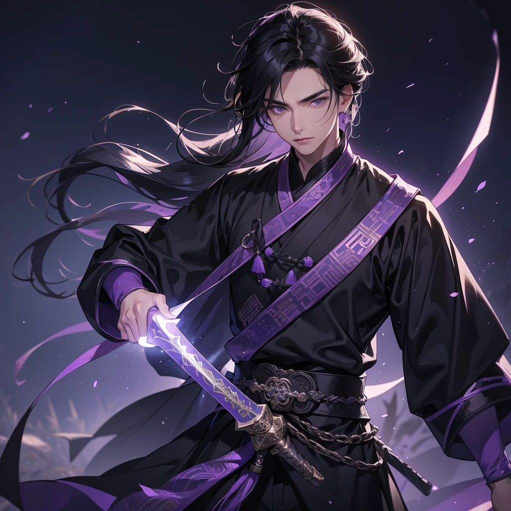 a Handsome black-haired male holding a large sword in black-violet ancient Chinese costume, background is a dark moonless night, with dry trees in the background, and purple glowing light, close up.