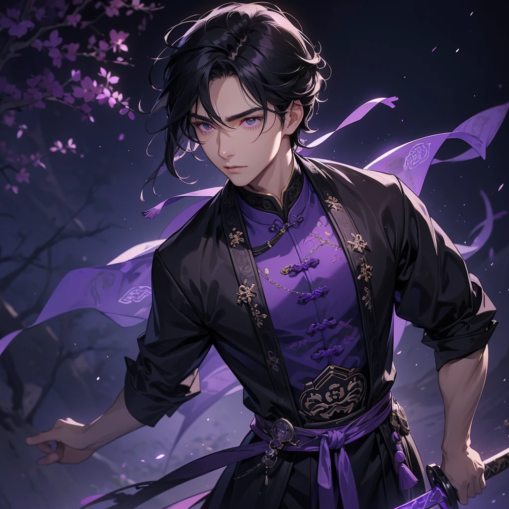 a Handsome black-haired male holding a large sword in black-violet ancient Chinese costume, background is a dark moonless night, with dry trees in the background, and purple glowing light, close up.