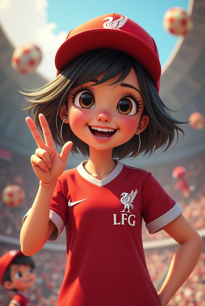 A cheerful girl with short hair, Disney style, holding up two fingers on one hand and wearing a Liverpool cap. Wearing a Liverpool football shirt standing in cartoon style illustration Detailed and colorful High quality, realistic photography dynamic poses color