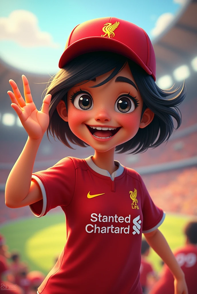 A cheerful girl with short hair, Disney style, holding up two fingers on one hand and wearing a Liverpool cap. Wearing a Liverpool football shirt standing in cartoon style illustration Detailed and colorful High quality, realistic photography dynamic poses color