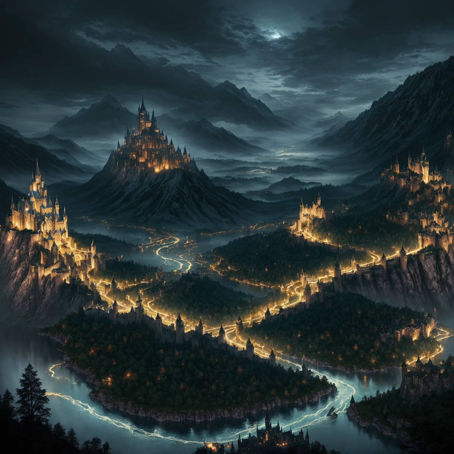 a view of a castle with a river running through it, Magical City, fantasy medieval city, highly detailed fantasy art, uma movimentada Magical City, Fantasy Cityscape, highly detailed digital art in 4k, epic fantasy by RIVENDELL, Fantasy City, magical atmosphere, dark Fantasy City, stunning fantasy landscape, High fantasy matte painting, Lotlorien at night