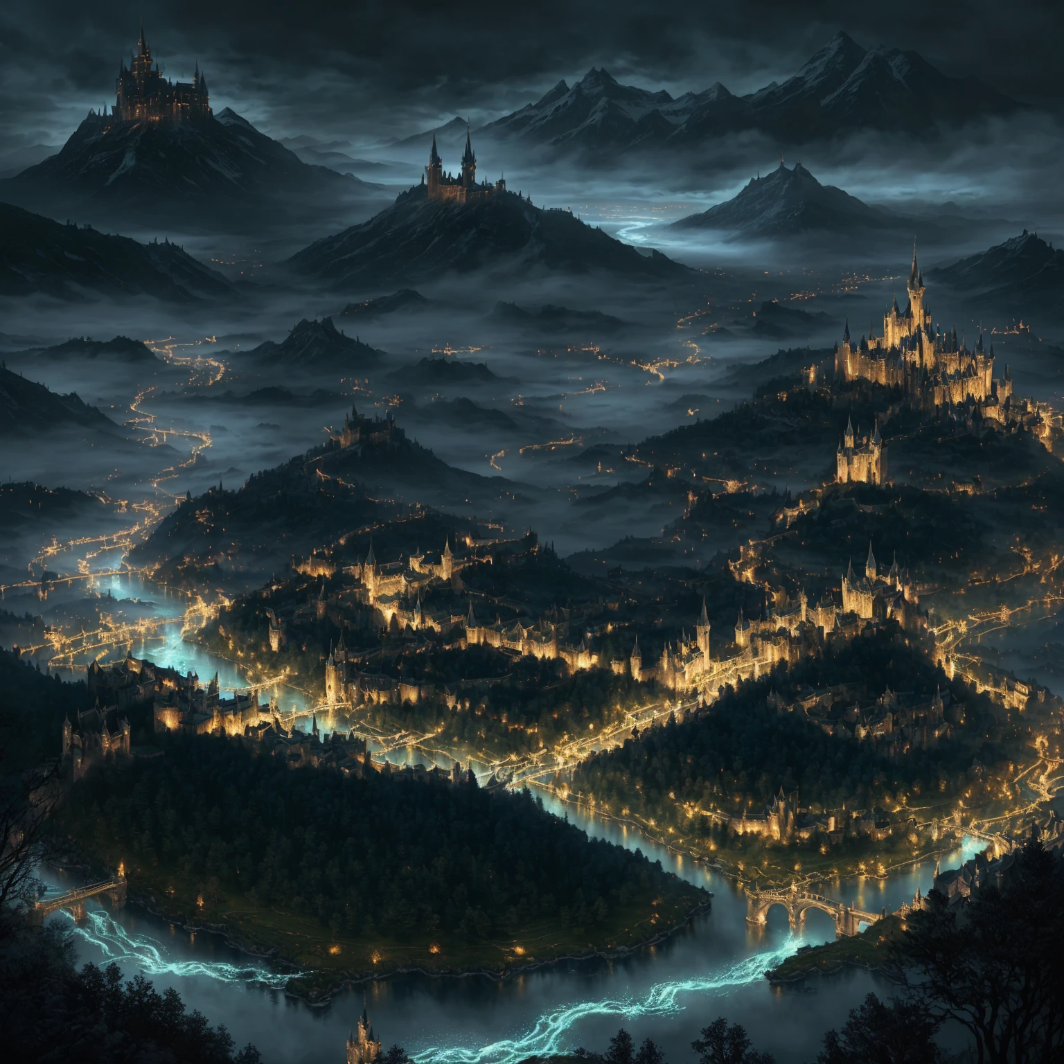 a view of a castle with a river running through it, Magical City, fantasy medieval city, highly detailed fantasy art, uma movimentada Magical City, Fantasy Cityscape, highly detailed digital art in 4k, epic fantasy by RIVENDELL, Fantasy City, magical atmosphere, dark Fantasy City, stunning fantasy landscape, High fantasy matte painting, Lotlorien at night