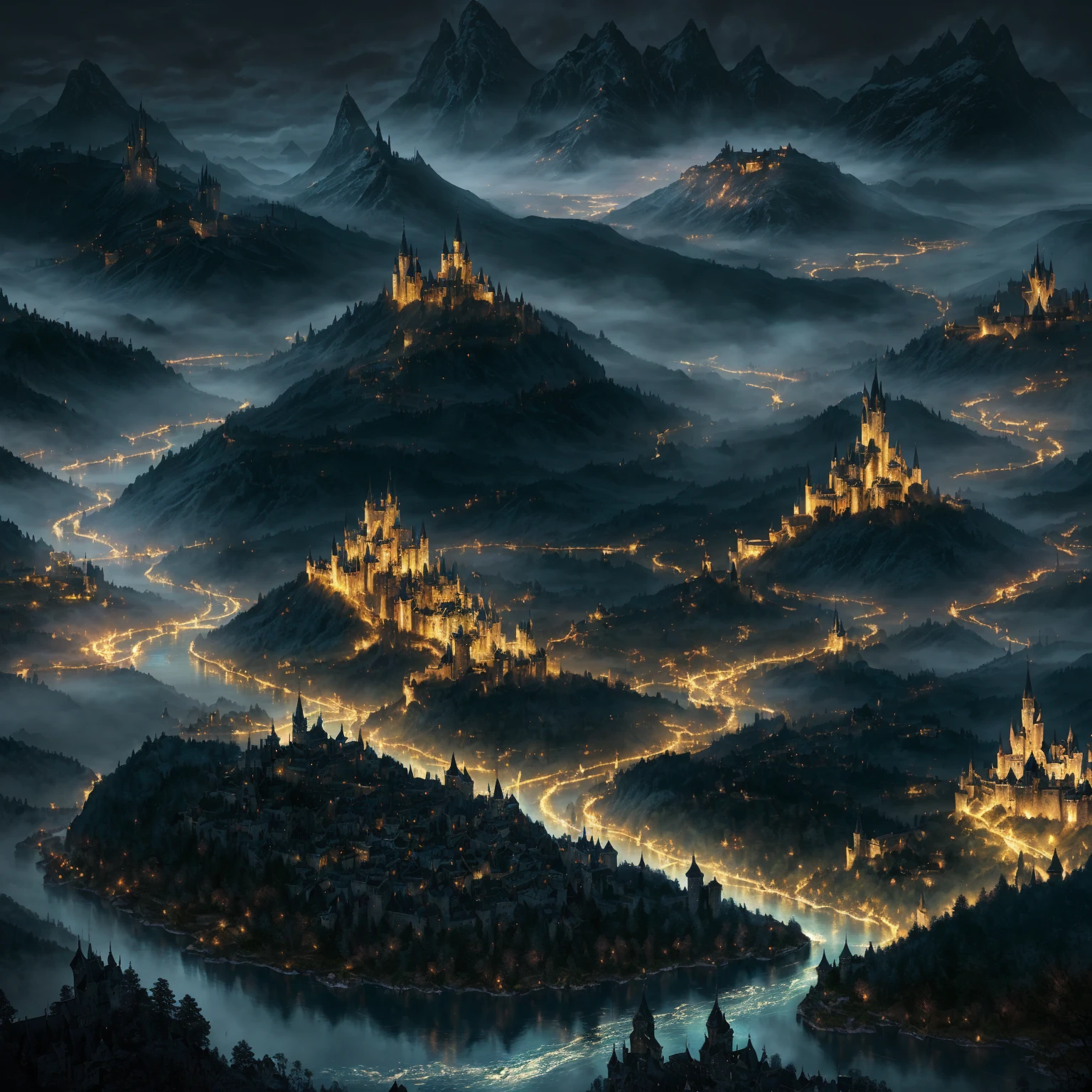 a view of a castle with a river running through it, Magical City, fantasy medieval city, highly detailed fantasy art, uma movimentada Magical City, Fantasy Cityscape, highly detailed digital art in 4k, epic fantasy by RIVENDELL, Fantasy City, magical atmosphere, dark Fantasy City, stunning fantasy landscape, High fantasy matte painting, Lotlorien at night