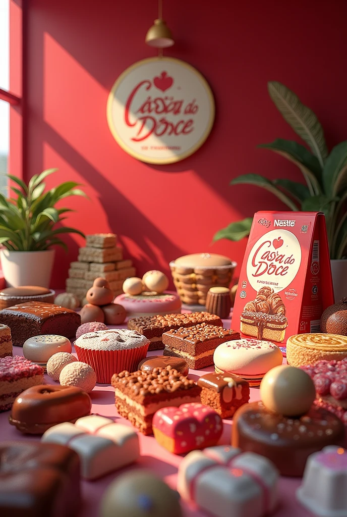 Create a written image Today the Store will be open until 13. 00 hours in Portuguese with a red background and some sweets and a Nestlé bar, a box of Lacta chocolates and the logo written Casa do Doce
