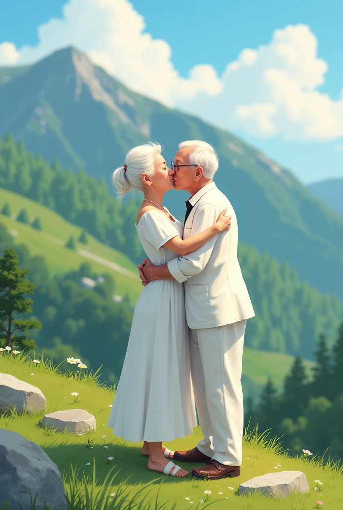 grandma and tete are wearing white clothes and they are making love on a beautiful mountain