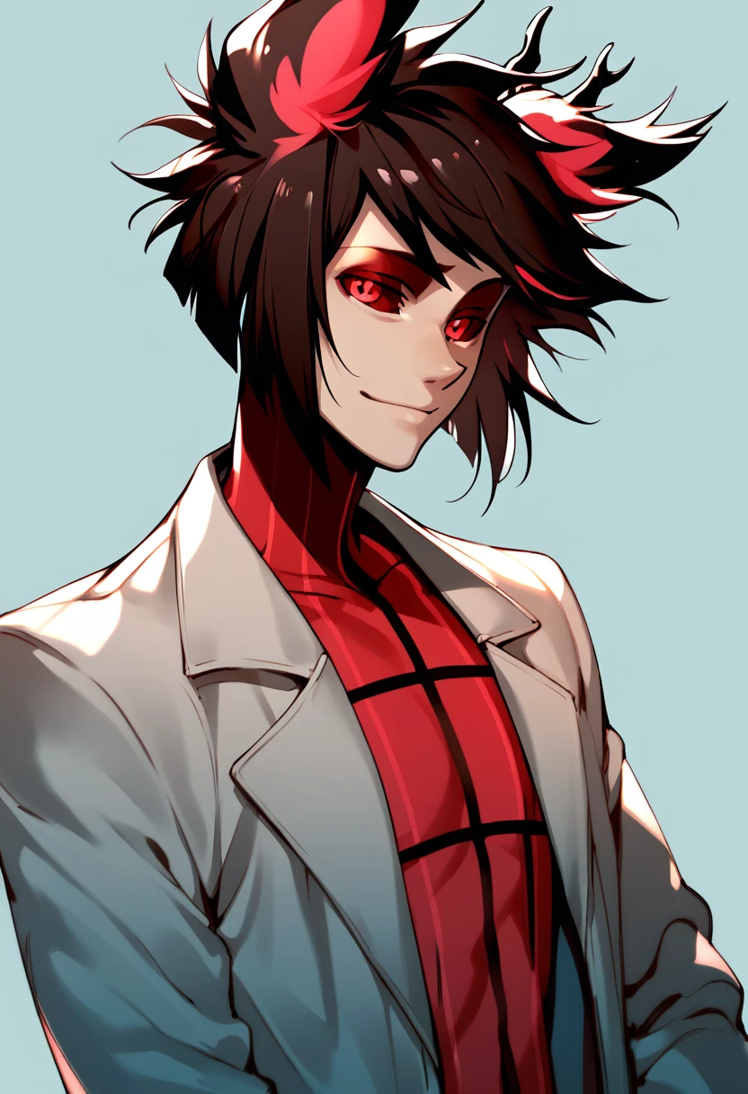 1boy,solo, Black messy hair, pale skin, Black sclera, Black trench coat, alastor,