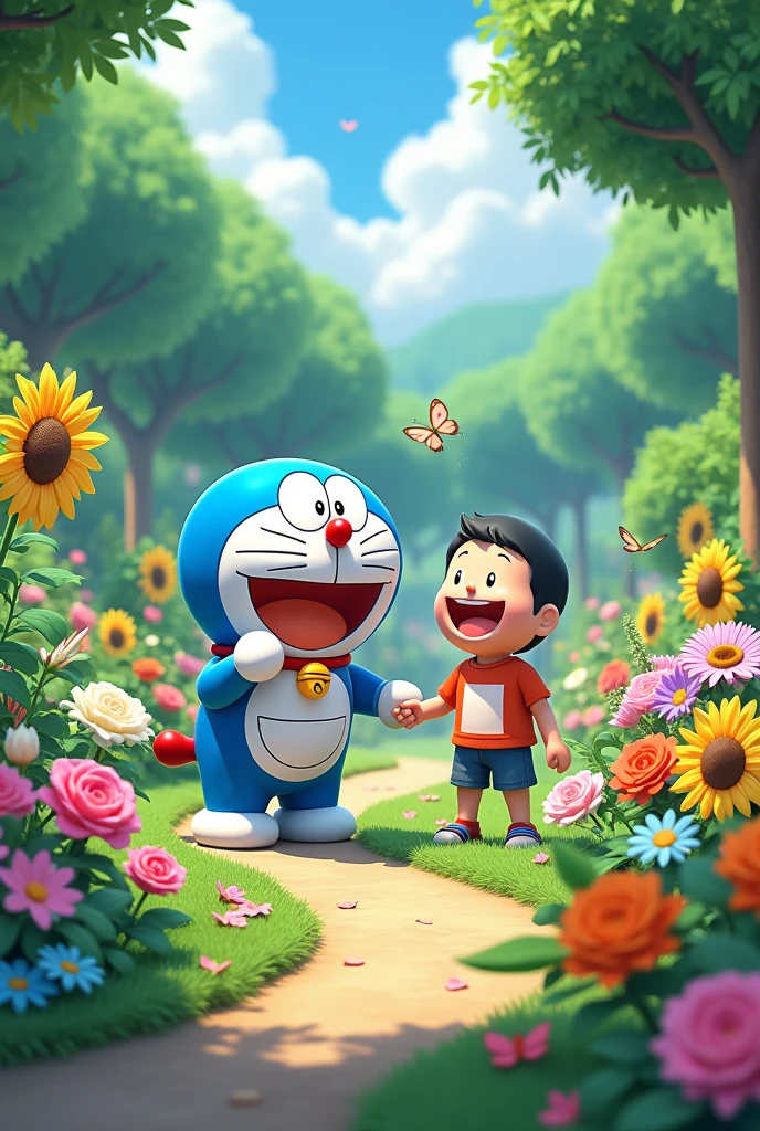 Doraemon with nobita having fun in gardnes of flower