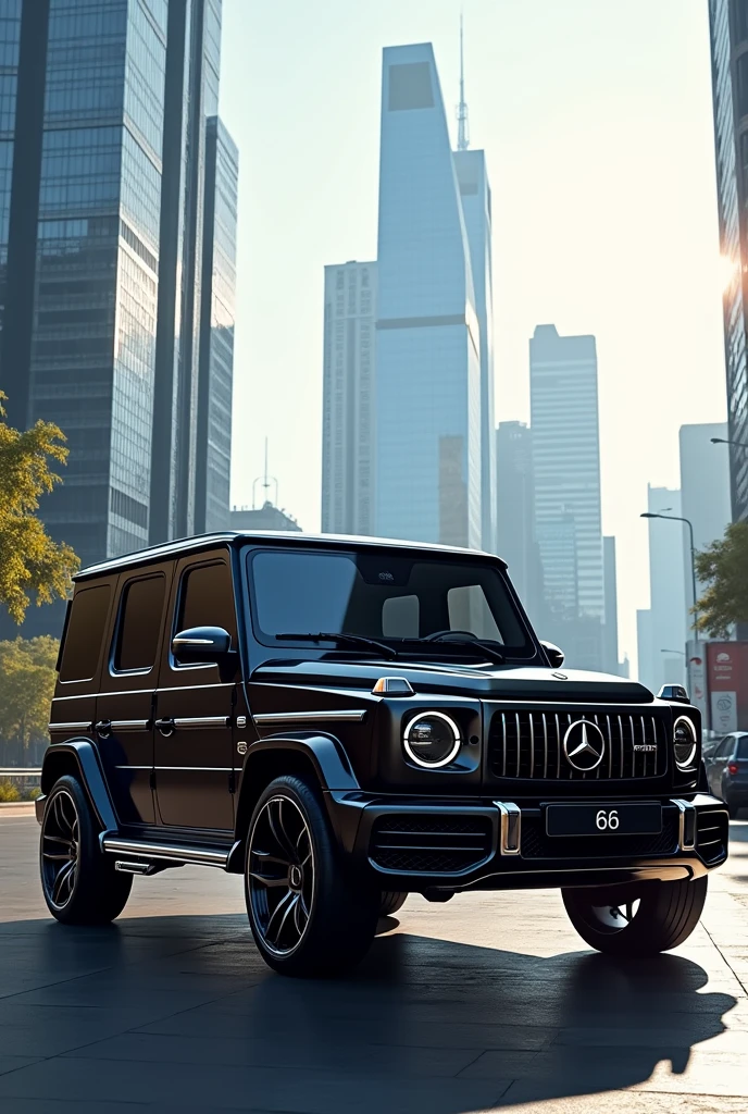 A mercedes g63 in front of the skyscrapers